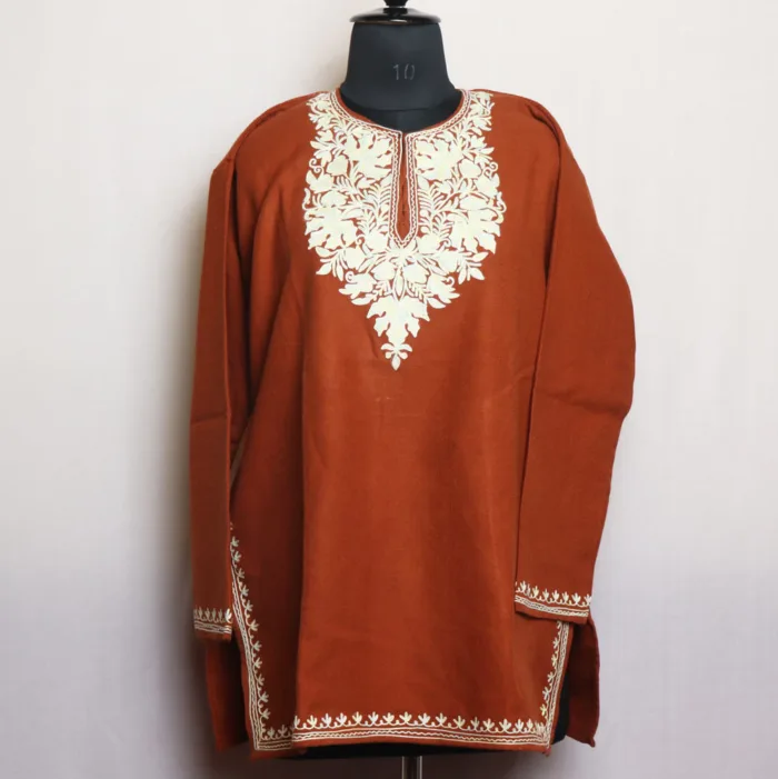 Brown Cashmilon Short Woolen Kurta with Elegant Aari Work - Gulnaaz Collection