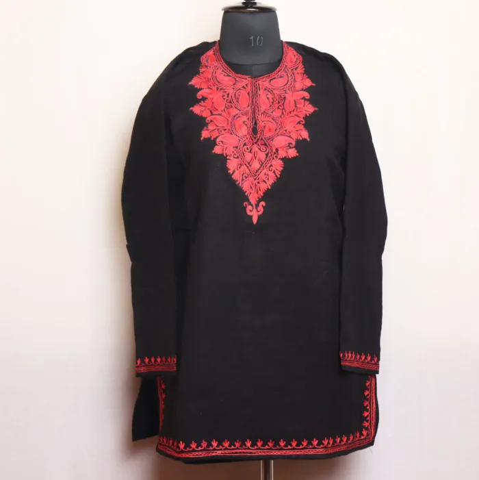 Black Short Woolen Kurta with Elegant Aari Detailing - Gulnaaz Collection