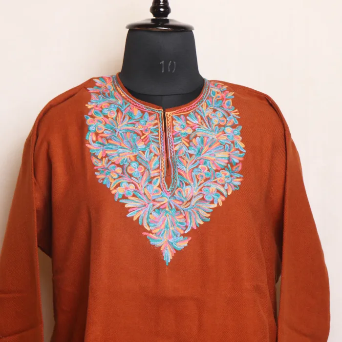 Rust Short Woolen Kurta with Artistic Aari Embroidery - Gulnaaz Collection - Image 2