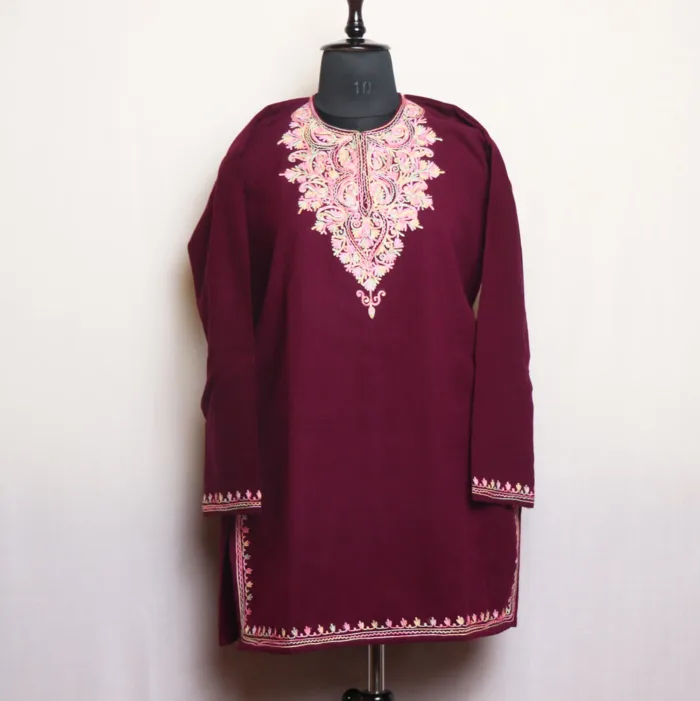 Purple Short Woolen Kurta in Cashmilon with Fine Aari Detailing - Gulnaaz Collection