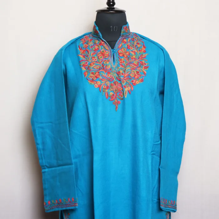 Elegent Blue Aari Embroidered Long Kurta - Gulnaz Collection