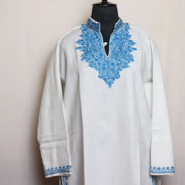 Beautiful White Cashmilon Long Kurta with Aari Detailing - Gulnaz Collection