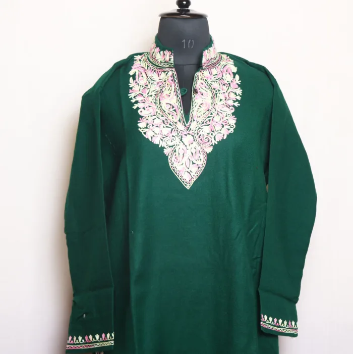 Dark Green Long Kurta for Women with Aari Elegance - Gulnaz Collection