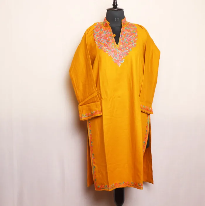 Graceful Kashmiri Mustard Long Kurta in Aari Work - Gulnaz Collection - Image 2