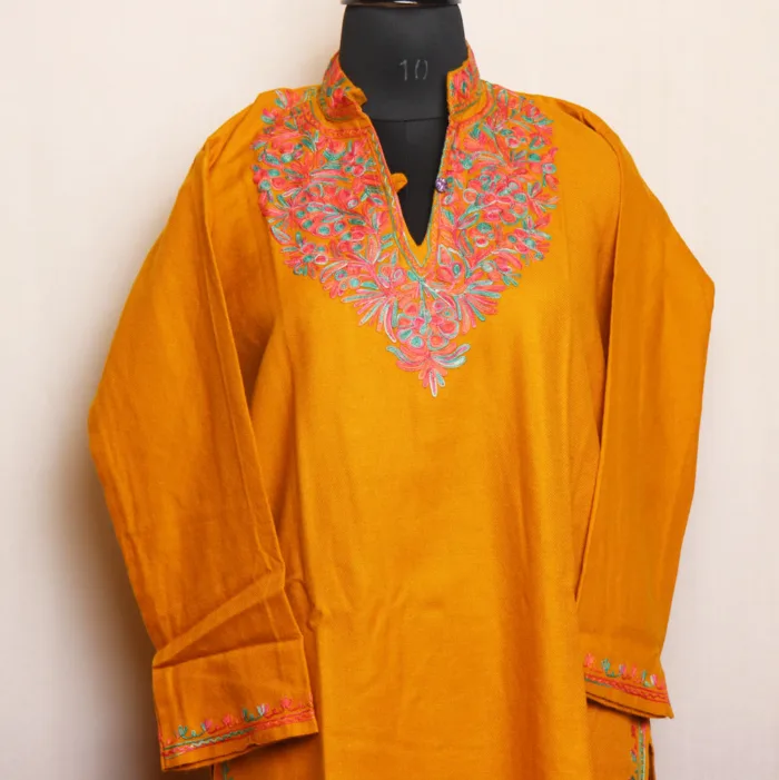 Graceful Kashmiri Mustard Long Kurta in Aari Work - Gulnaz Collection