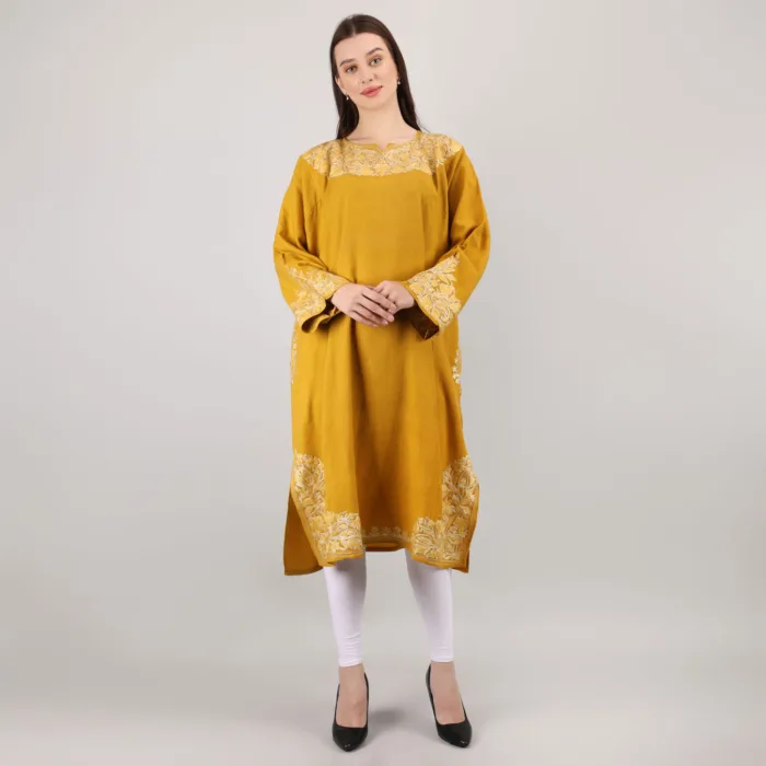 Mustard Kashmiri Wool Pheran with Elegant Aari Work