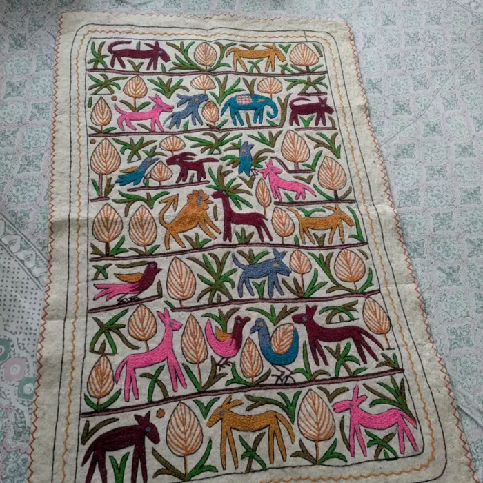 Traditional Kashmiri Wool Namda with Hand Aari Animal designs (6.5 x 4 ft) - Image 2