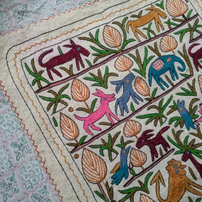 Traditional Kashmiri Wool Namda with Hand Aari Animal designs (6.5 x 4 ft) - Image 3