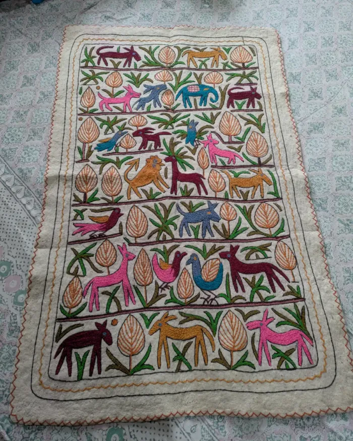 Traditional Kashmiri Wool Namda with Hand Aari Animal designs (6.5 x 4 ft)