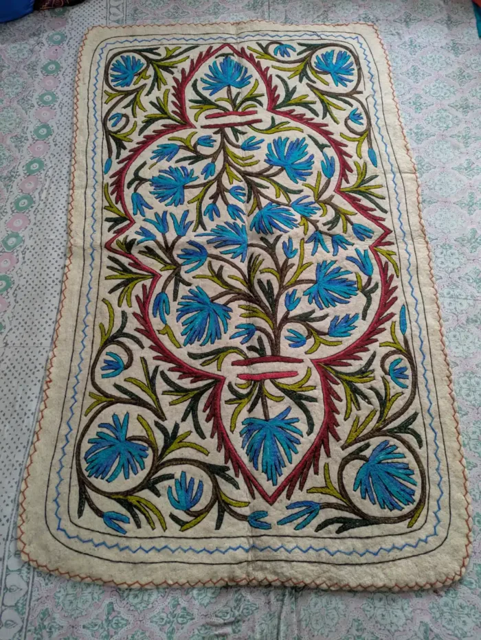 Exquisite Woolen Namda Rug Featuring Handcrafted Blue-Green Floral Aari Art (6.4 x 4 ft)