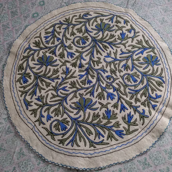 Elegant Circular Namda Crafted from Wool with Blue Green Brances Aari Embroidery (5 ft) - Image 2