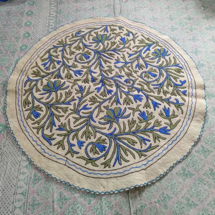 Elegant Circular Namda Crafted from Wool with Blue Green Brances Aari Embroidery (5 ft)