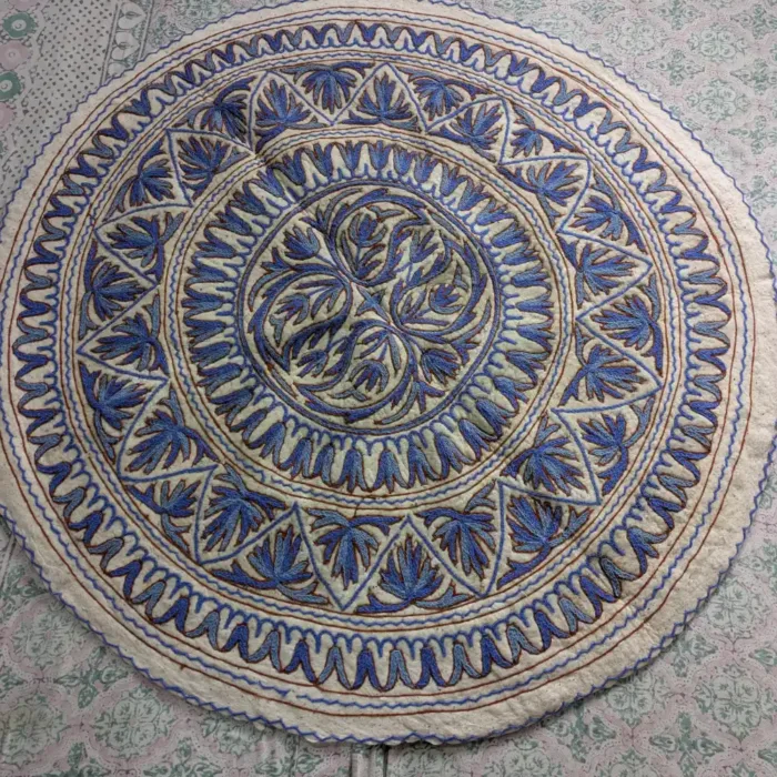 Round Kashmiri Wool Namda with Blue Intricate Hand Aari Work (5 ft)