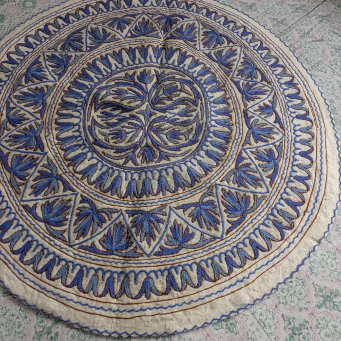 Round Kashmiri Wool Namda with Blue Intricate Hand Aari Work (5 ft) - Image 2