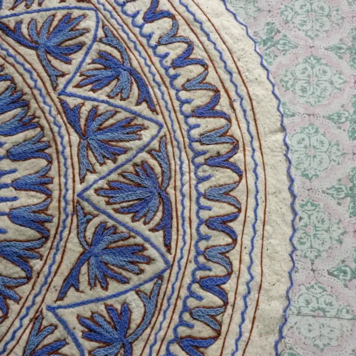 Round Kashmiri Wool Namda with Blue Intricate Hand Aari Work (5 ft) - Image 3