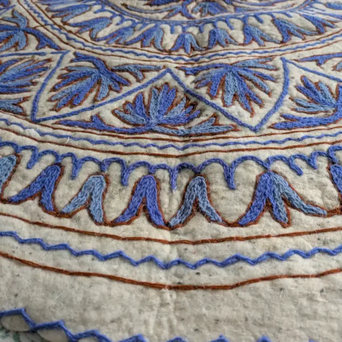 Round Kashmiri Wool Namda with Blue Intricate Hand Aari Work (5 ft) - Image 4