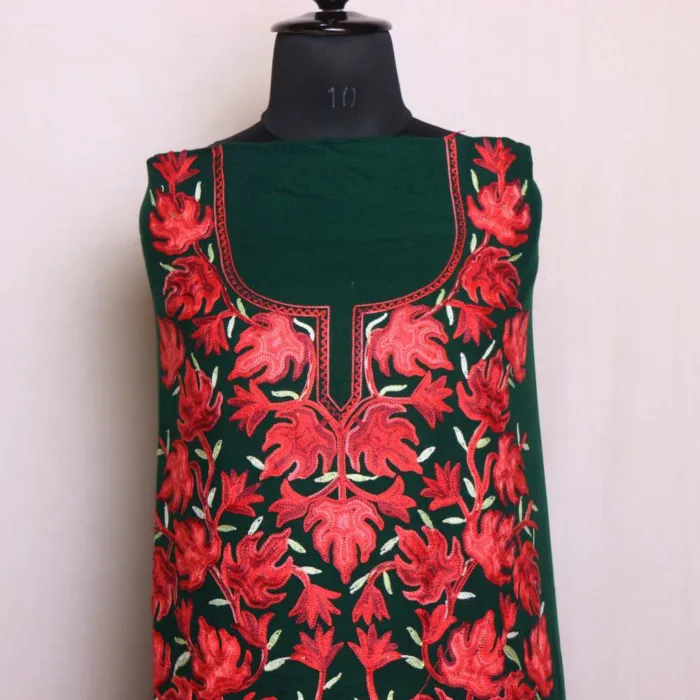 Green Chinari Woolen Suit with Red Aari Embroidery - Sonwari Collection - Image 3