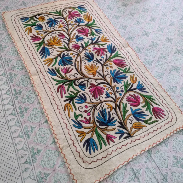 Soft Colorful Rectangular Wool Rug (Namda) with Classic Kashmiri Aari Embroidery (5x3 ft)