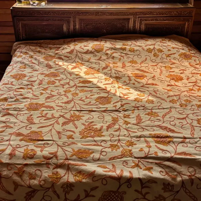 Aftaabi Kashmiri Double Bed Cover | Bed Spread with Hand Crewel Embroidery | Pari Mahal Collection