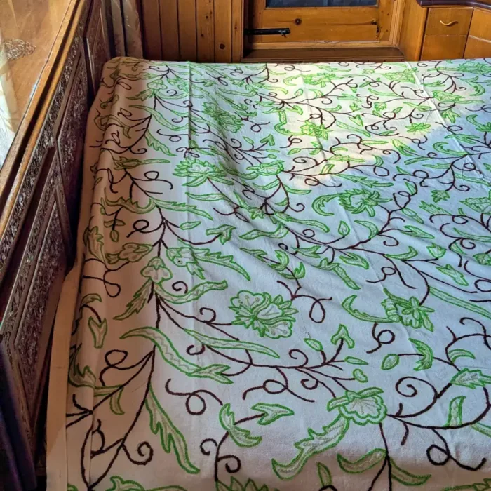 Green Kashmiri Double Bed Cover | Bed Spread with Hand Crewel Embroidery | Pari Mahal Collection