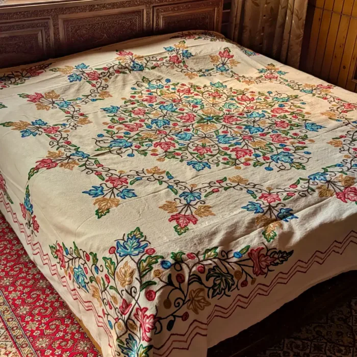 Chinarbaagh Mandala Kashmiri Double Bed Cover | Bed Spread with Hand Crewel Embroidery | Pari Mahal Collection