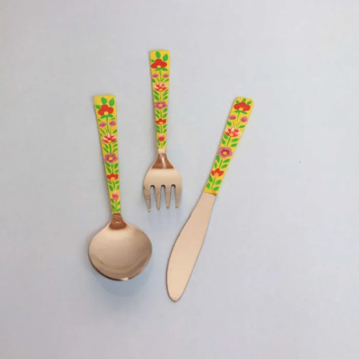 Steel Enamel Handpainted Cutlery Set | Fork, Knife, Spoon | Yellow Rose