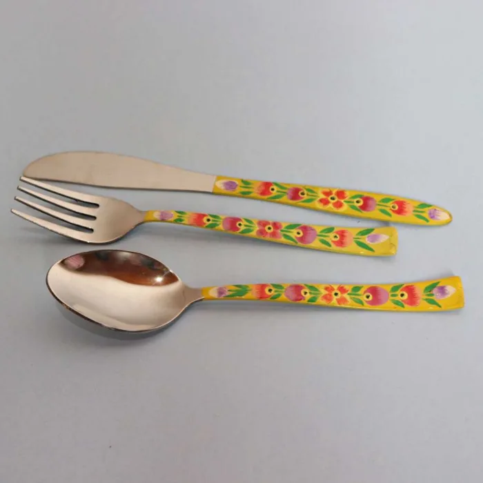 Steel Enamel Handpainted Cutlery Set | Fork, Knife, Spoon | Yellow Tulip - Image 2