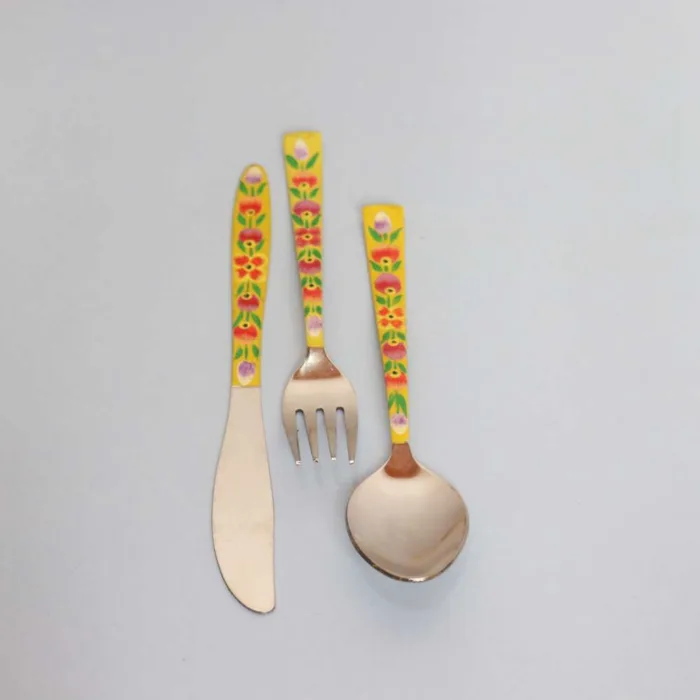 Steel Enamel Handpainted Cutlery Set | Fork, Knife, Spoon | Yellow Tulip