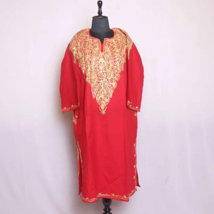 Classic Front Back Aari Embroidered Red Cashmilon Pheran | Feran - Chattabal Collection - Image 2