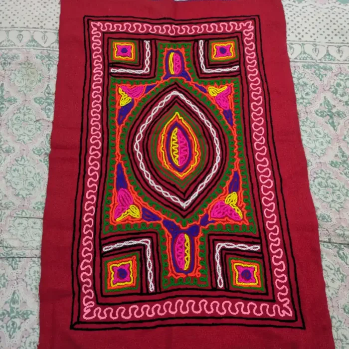 Red Hand Embroidered Kashmiri Gabba Rug with Geometric Design | 3*2Feet | 1 Piece