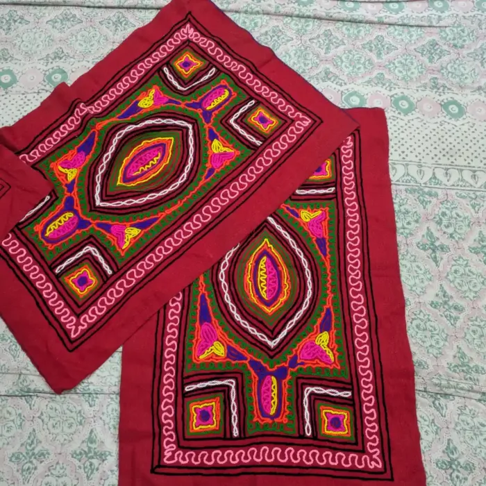 Red Hand Embroidered Kashmiri Gabba Rug with Geometric Design | 3*2Feet | 1 Piece - Image 4