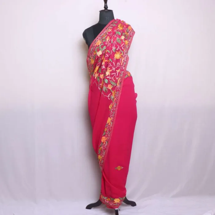 Elegant Red Multicolor Floral Jaal Aari Work Georgette Saree - Dal Lake Collection