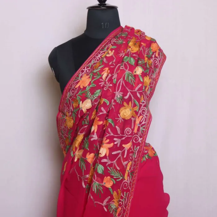 Elegant Red Multicolor Floral Jaal Aari Work Georgette Saree - Dal Lake Collection - Image 2