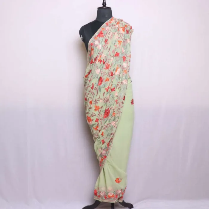 Light Green Georgette Saree Featuring Multicolor Floral All Over Jaal Aari - Dal Lake Collection