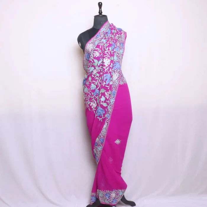 Sophisticated Multicolor Floral Jaal Aari Embroidered Magenta Georgette Saree - Dal Lake Collection