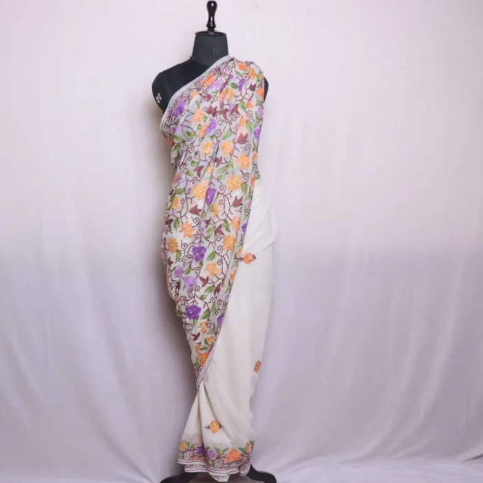 Kashmiri Cream Georgette Saree with All Over Multicolor Floral Jaal Aari Work - Dal Lake Collection