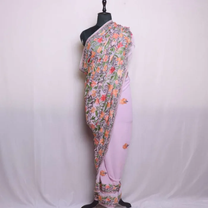 Exquisite Multicolor Floral All Over Jaal Aari Baby Pink Georgette Saree - Dal Lake Collection