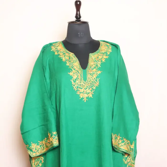 Green Loose Cashmilon Pheran With Border Aari Embroidery (58,43) - Image 3