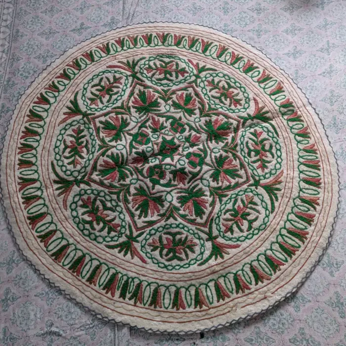 Handcrafted Circular Wool Rug with Green & Brown Traditional Aari Embroidery (5 ft)