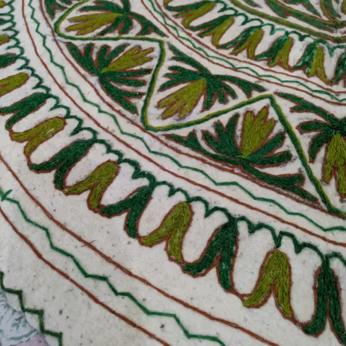 Beautiful Round Wool Namda Adorned with Green Dual Colored Aari Embroidery (5 ft) - Image 6