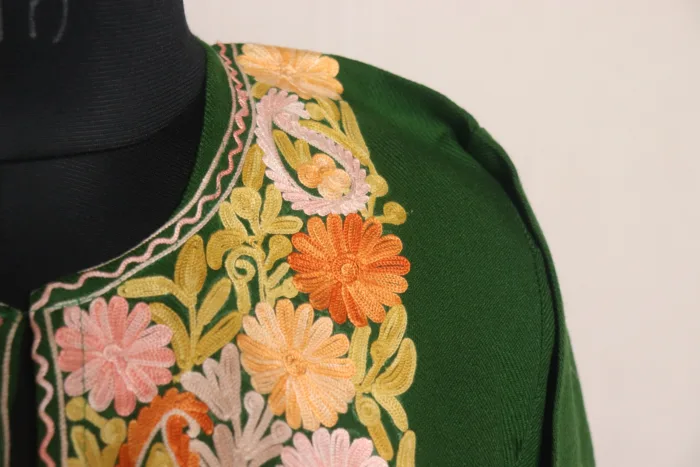 Beautiful Green Cashmilon Pheran with Traditional Aari Work - Baghmehtab Collection - Image 3