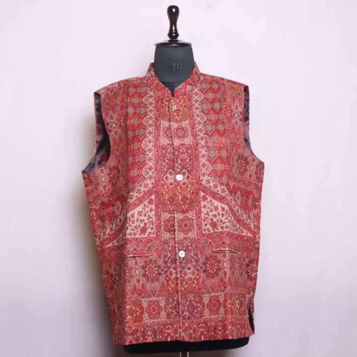 Elegent Maroon Trekoon Polywool Kani Men's Waist Coat | Nehru Jacket - Sonwar Collection