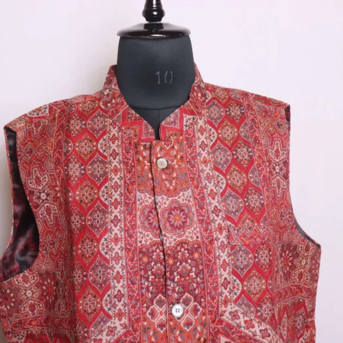 Elegent Maroon Trekoon Polywool Kani Men's Waist Coat | Nehru Jacket - Sonwar Collection - Image 2