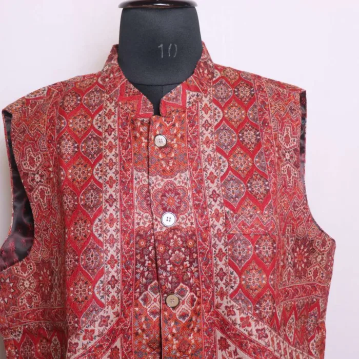 Elegent Maroon Trekoon Polywool Kani Men's Waist Coat | Nehru Jacket - Sonwar Collection - Image 3