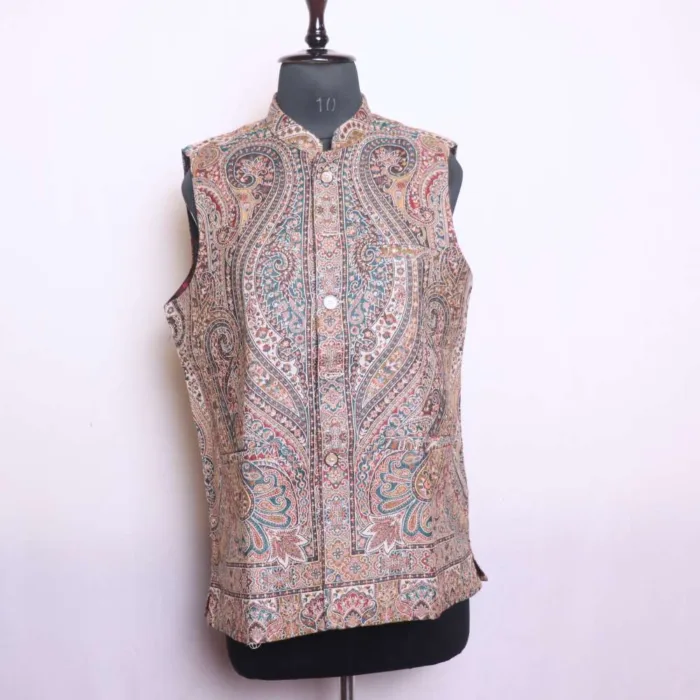 Elegant Big Paisely Polywool Kani Men's Waist Coat | Nehru Jacket - Sonwar Collection