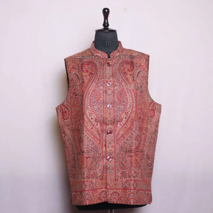 Classic Maroon Big Paisely Polywool Kani Men's Waist Coat | Nehru Jacket - Sonwar Collection