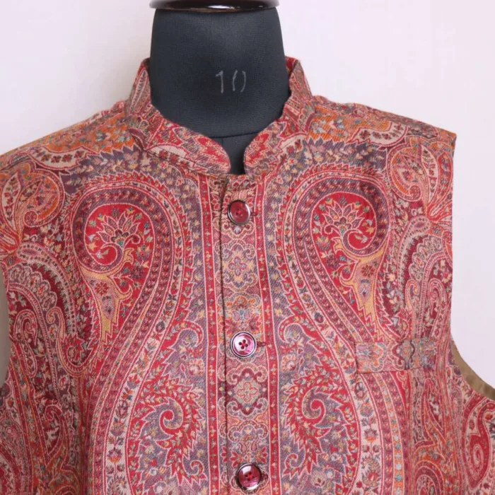 Classic Maroon Big Paisely Polywool Kani Men's Waist Coat | Nehru Jacket - Sonwar Collection - Image 3