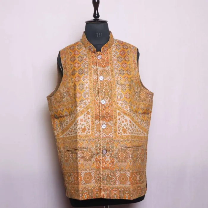 Mustard TreKoon Kani Men's Waist Coat | Nehru Jacket - Sonwar Collection