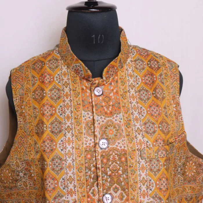 Mustard TreKoon Kani Men's Waist Coat | Nehru Jacket - Sonwar Collection - Image 2