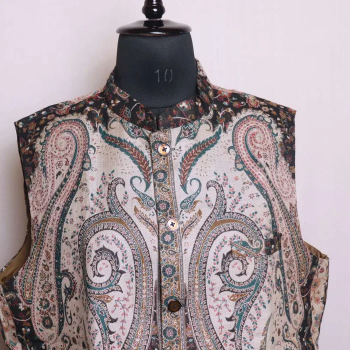 Big Paisely Polywool Blackish Kani Men's Waist Coat | Nehru Jacket - Sonwar Collection - Image 3